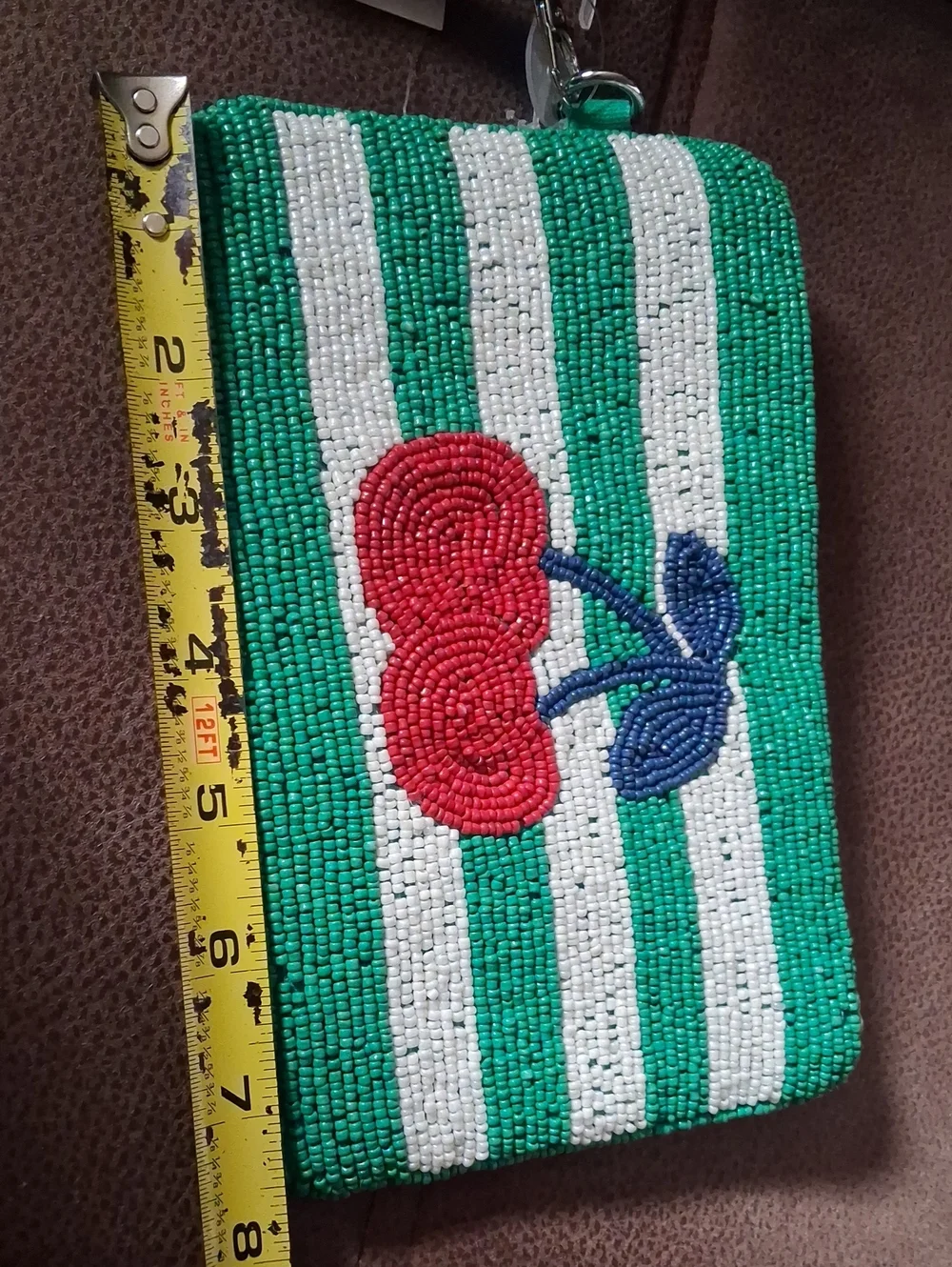 Beaded Green & White Stripe Cherry Wristlet Pouch - Women's Accessories